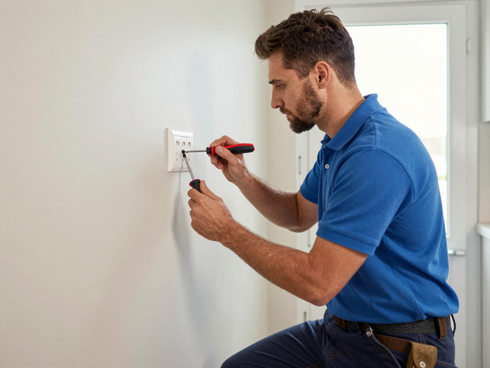 Electrician installing outlet in residential kitchen